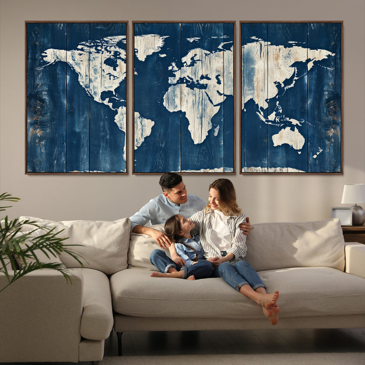 World Map Wall Art Canvas Print, Rustic Map Print, Framed Wooden World Map Art Print, Large Antique Map Decor Printing Perfect for Vintage Decor