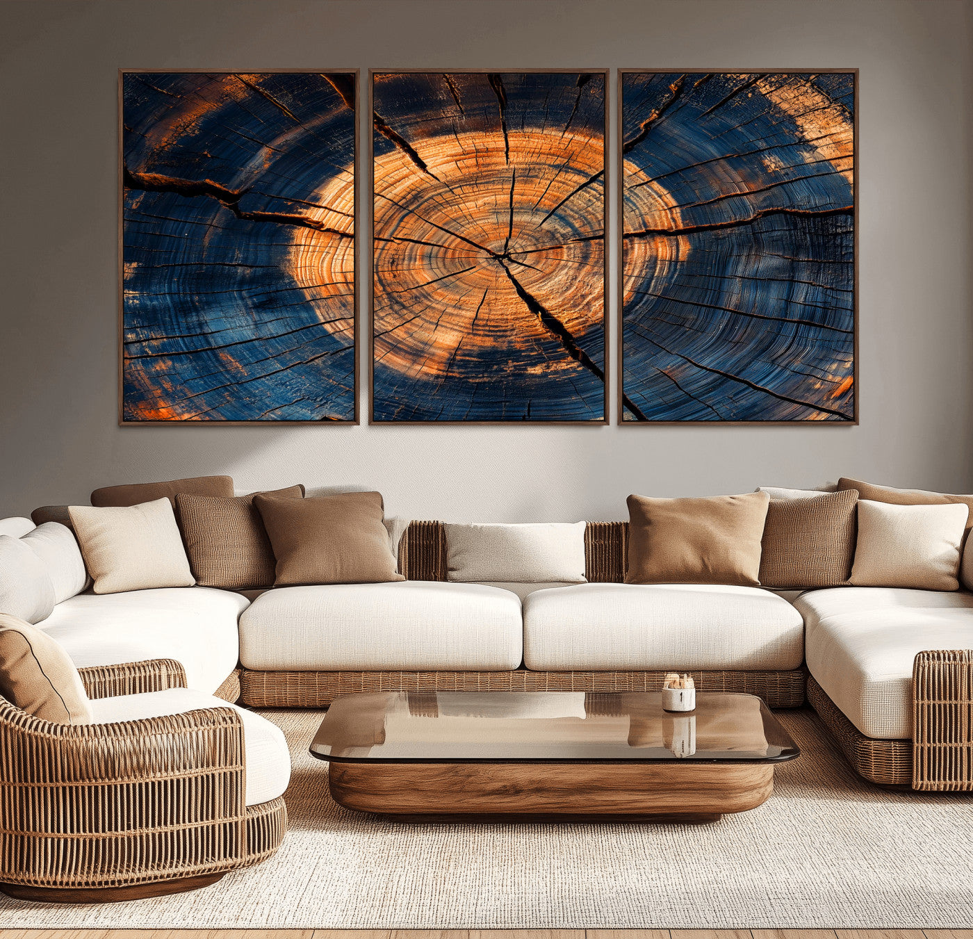 MGV-FC-60X30-3P - Burnt Wood Wall Art Canvas Print, Framed Aged Timber Art Picture Print, Rustic Tree Slice Perfect Rustic Decor Artwork