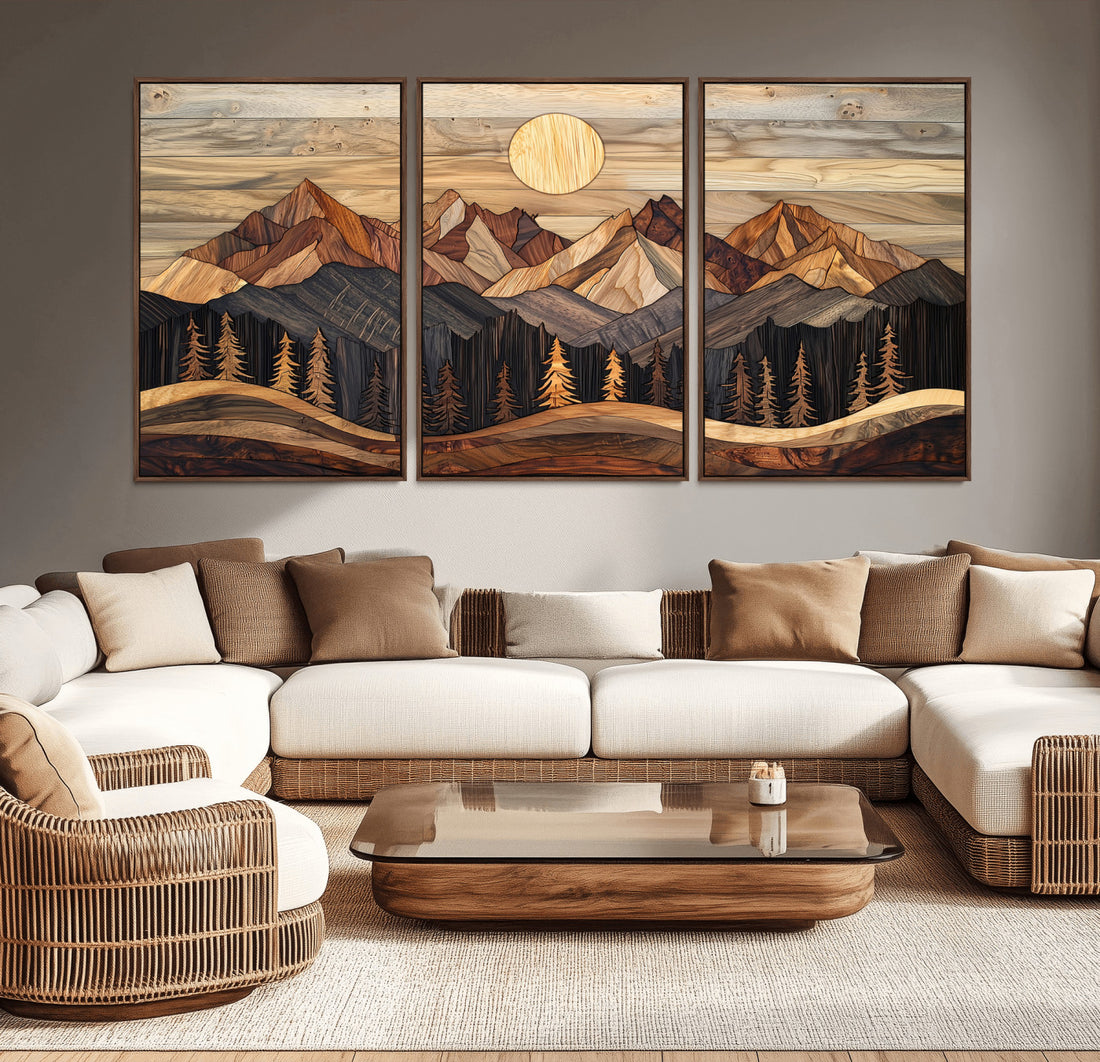 Wood Mountain Wall Art Canvas Print, Framed Boho Abstract Woodland Landscape