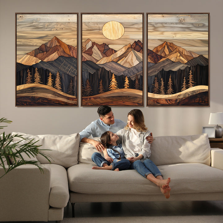 50100230-MGV-FC-60X30-3P_Walnut-Wood Mountain Wall Art Canvas Print, Framed Boho Wood Art Print, Abstract Woodland Farmhouse Decor