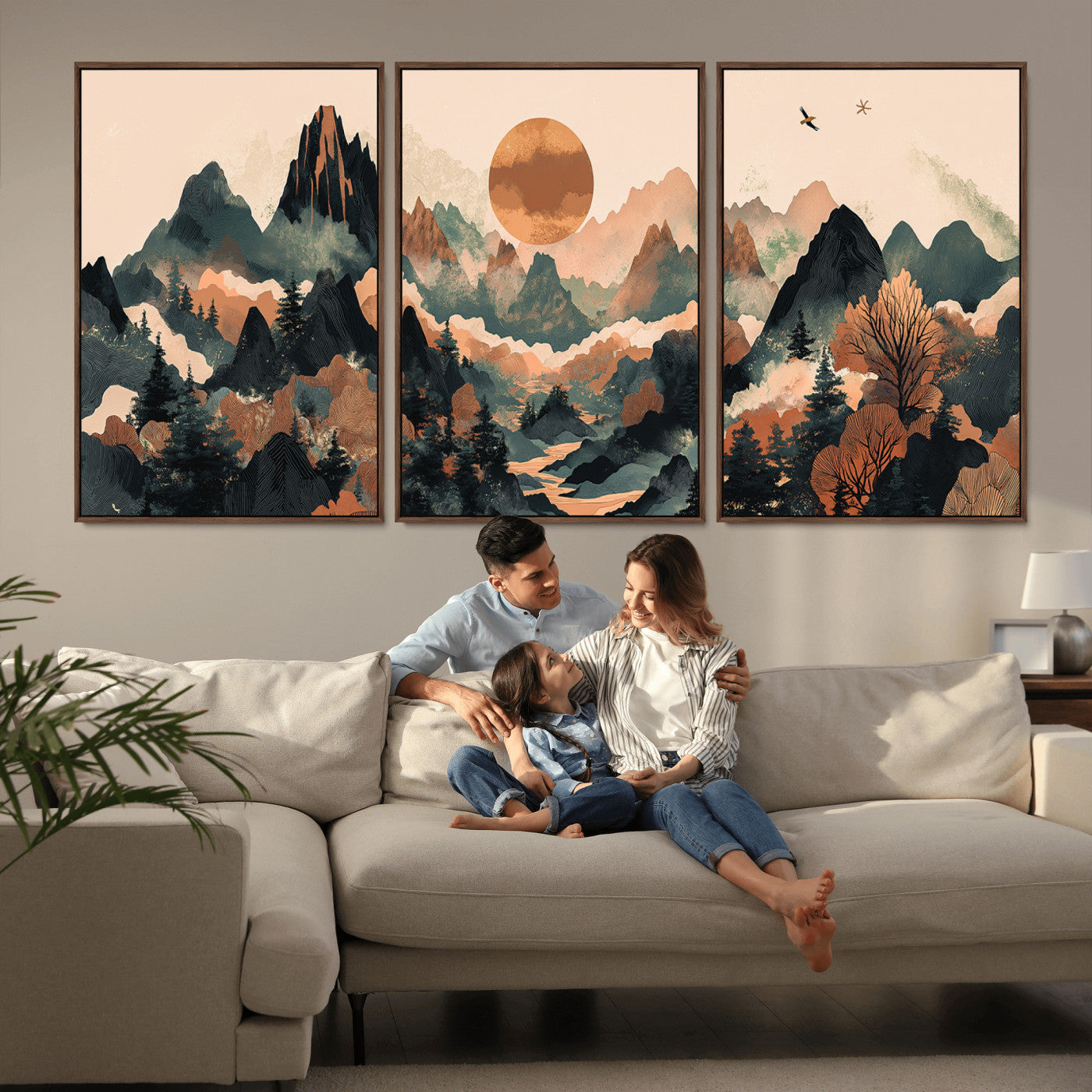 MGV-FC-60X30-3P - Wood Mountain Landscape Wall Art Canvas Print, Framed Sunset Hills Art Picture Print, Abstract Nature Perfect Boho Decor Artwork