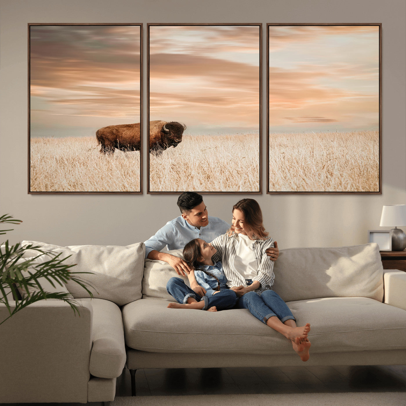 MGV-FC-60X30-3P - Bison Wall Art Canvas Print, Framed Buffalo Art Picture Print, Western Prairie Perfect Rustic Decor Artwork