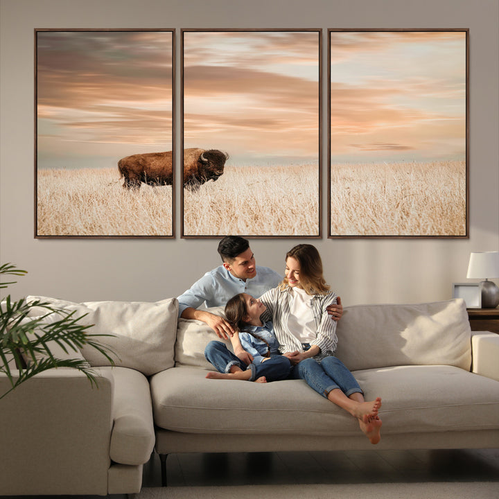 Bison Wall Art Canvas Print, Buffalo Print, Framed Western Prairie Art Print, Large Rustic Wildlife Printing Perfect for Rustic Decor