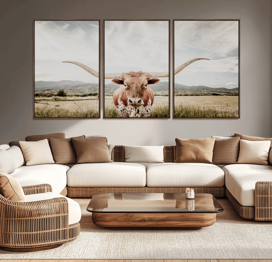 Texas Longhorn Wall Art Canvas Print, Framed Western Cow Print, Rustic Farmhouse Ranch Decor