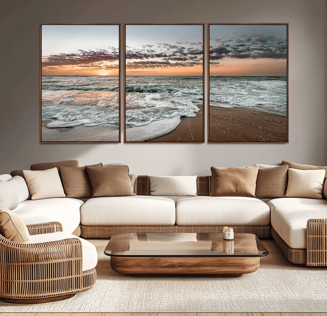 Ocean Sunset Wall Art Canvas Print, Framed Beach Waves Print, Coastal Seascape Decor