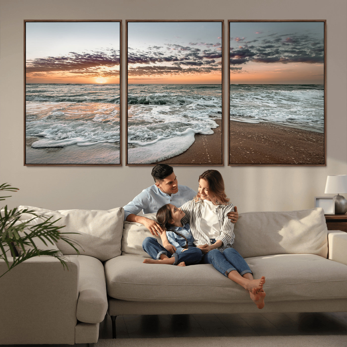 MGV-FC-60X30-3P - Ocean Sunset Wall Art Canvas Print, Framed Beach Waves Art Picture Print, Coastal Scene Perfect Coastal Decor Artwork