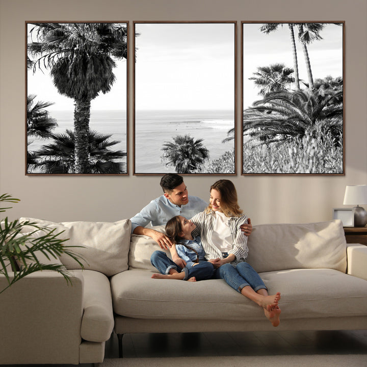 Monochrome canvas of palm trees framing a coastal surf scene, perfect for California-inspired or retro black-and-white beach decor.