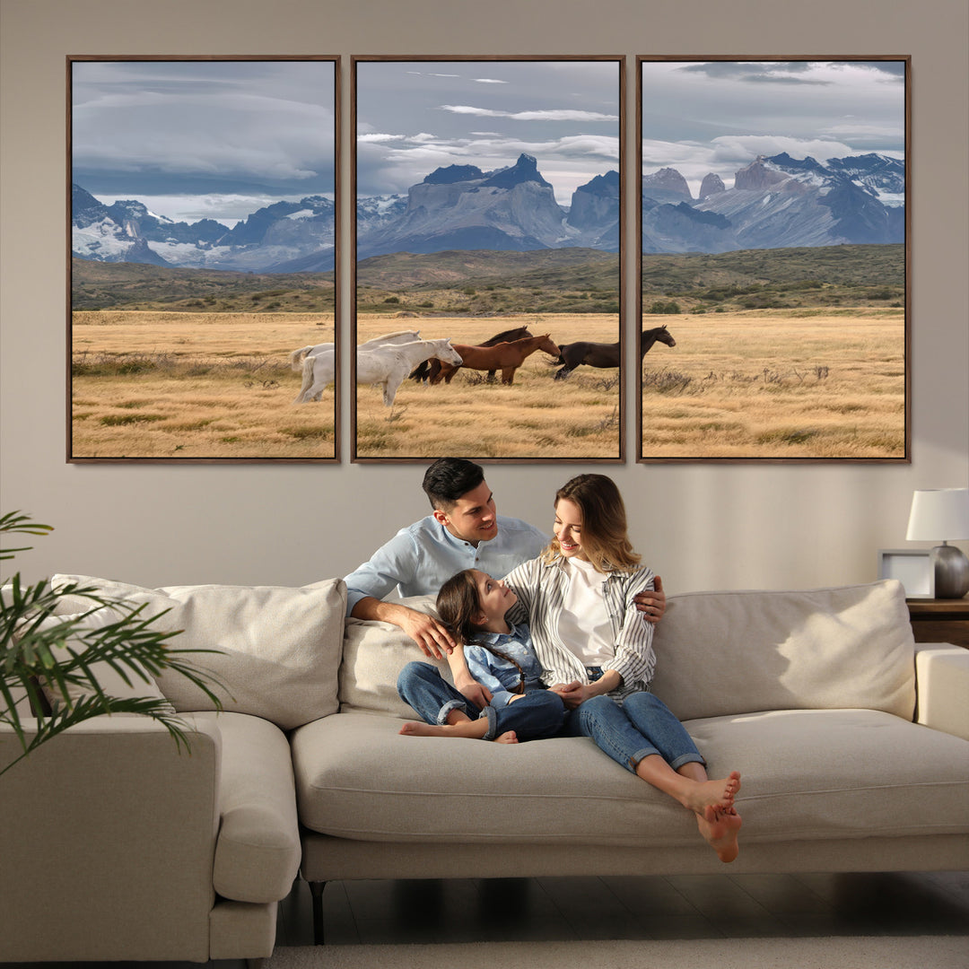 69960232-MGV-FC-60X30-3P-Wild Horses Wall Art Canvas Print, Framed Patagonian Peaks Art Picture Print, Torres del Paine Perfect Rustic Patagonian Freedom Decor, Wild