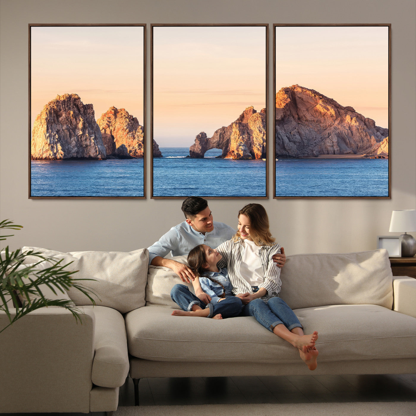 72996116-MGV-FC-60X30-3P-El Arco Wall Art Canvas Print, Framed Cabo Rocks Art Picture Print, Ocean Arch Perfect Golden Coastal Landmark Decor, The Arch Canvas Print