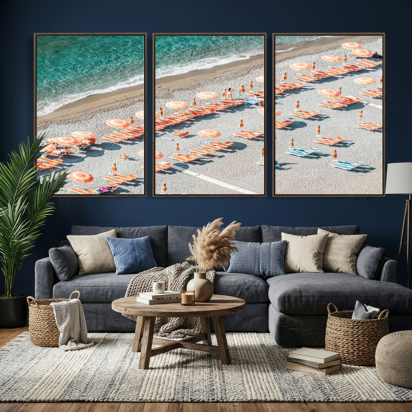 27805351-MGV-CV-36X24 - Beach Umbrellas Wall Art – Orange Loungers & Turquoise Water Canvas Print, Sandy Shore and Summer Vibes