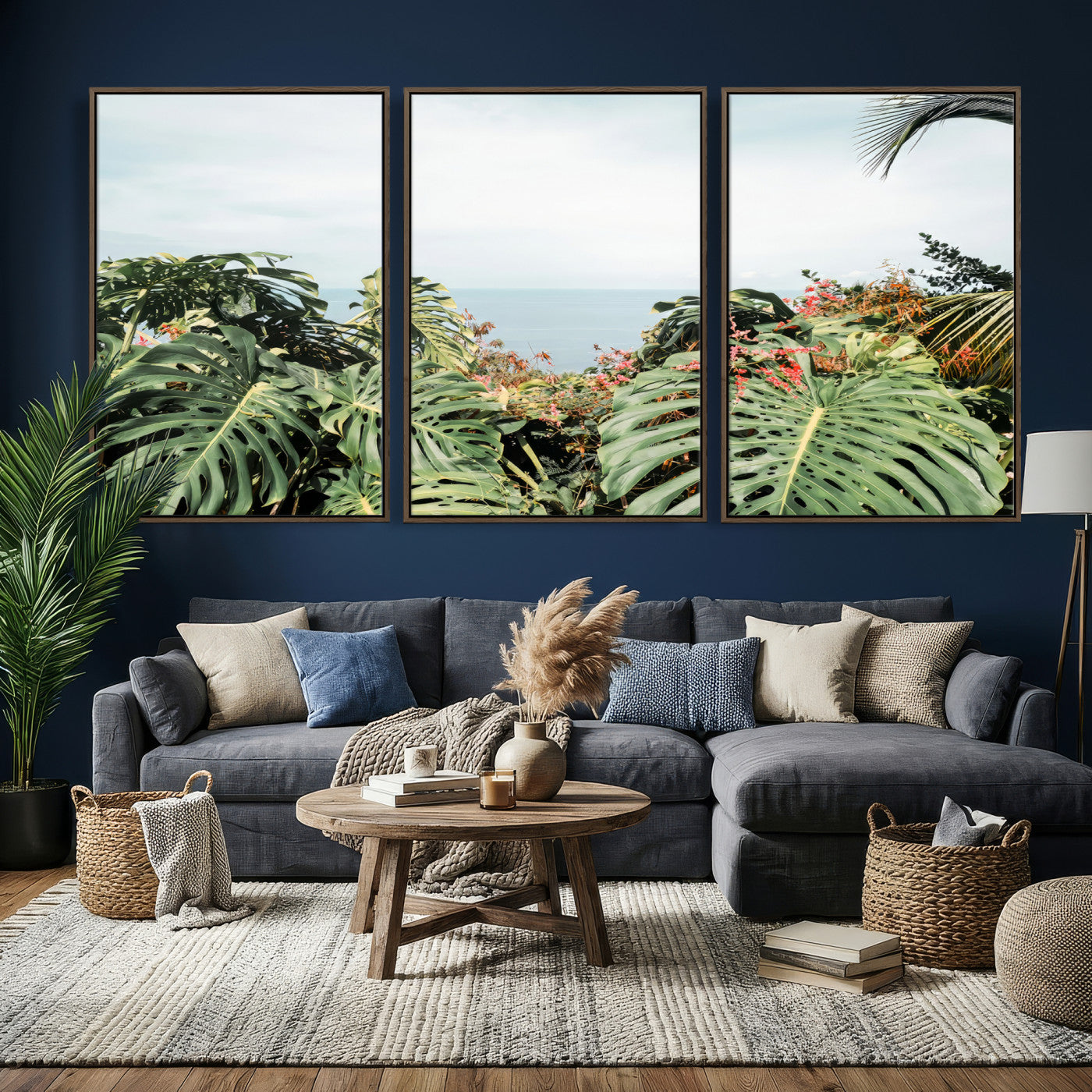 45700479-MGV-CV-36X24 - Tropical Greenery Wall Art – Exotic Leaves & Ocean View Canvas Print, Sunlit Paradise and Vibrant Nature for Living Room or Coastal Decor