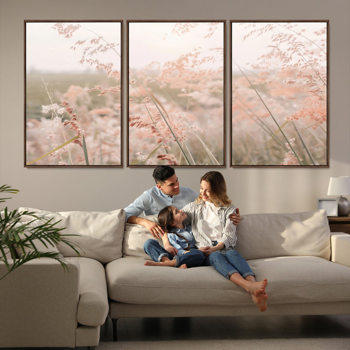 Pastel Grasses Wall Art Canvas Print, Soft Meadow Print, Framed Field in Breeze Art Print, Large Pink Meadow Printing Soft Pastel
