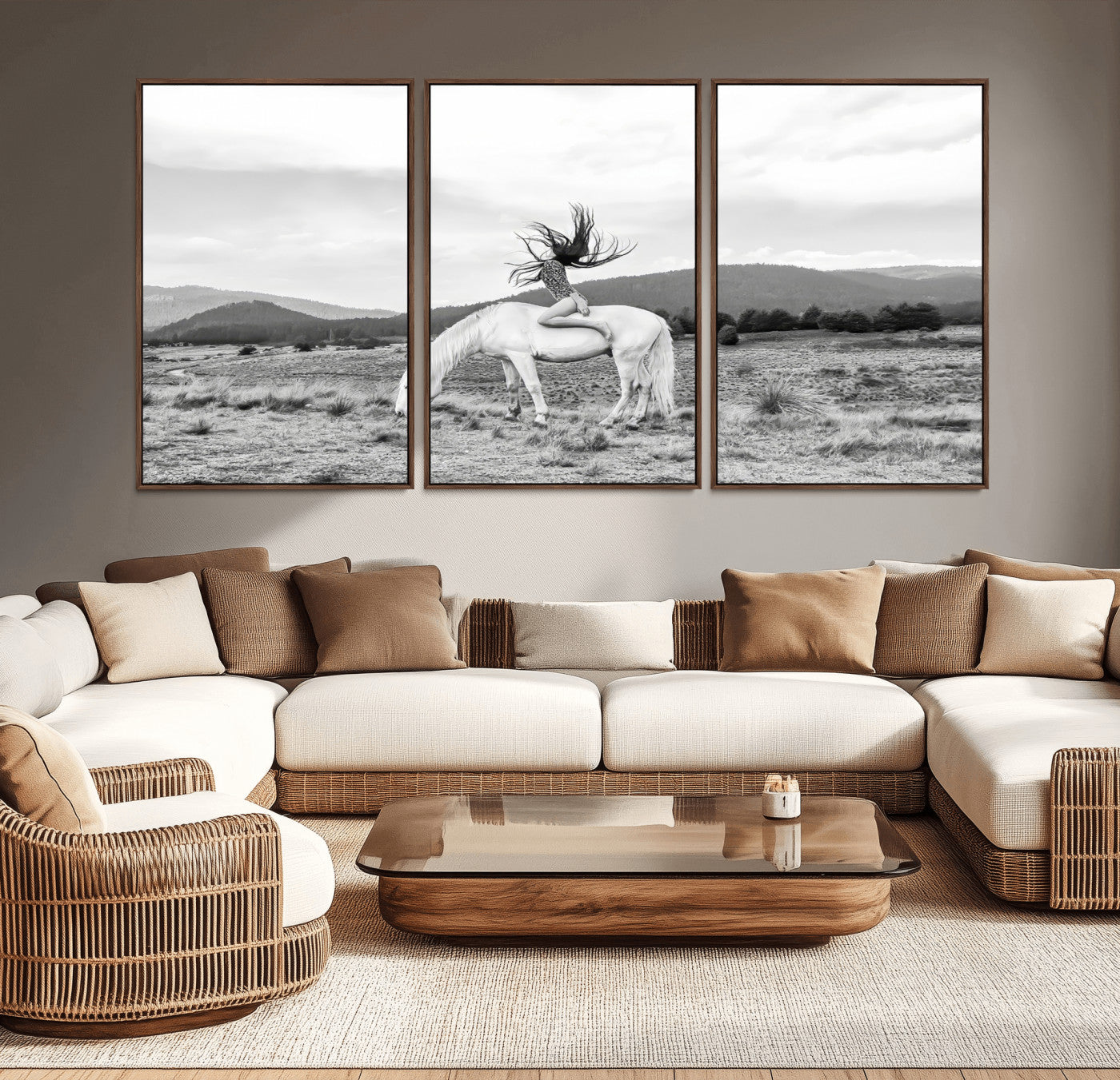 62789800-MGV-CV-36X24-White Horse Wall Art Canvas Print – Framed Woman Rider Equestrian Pose Western Boho Elegant Artwork for Home Office