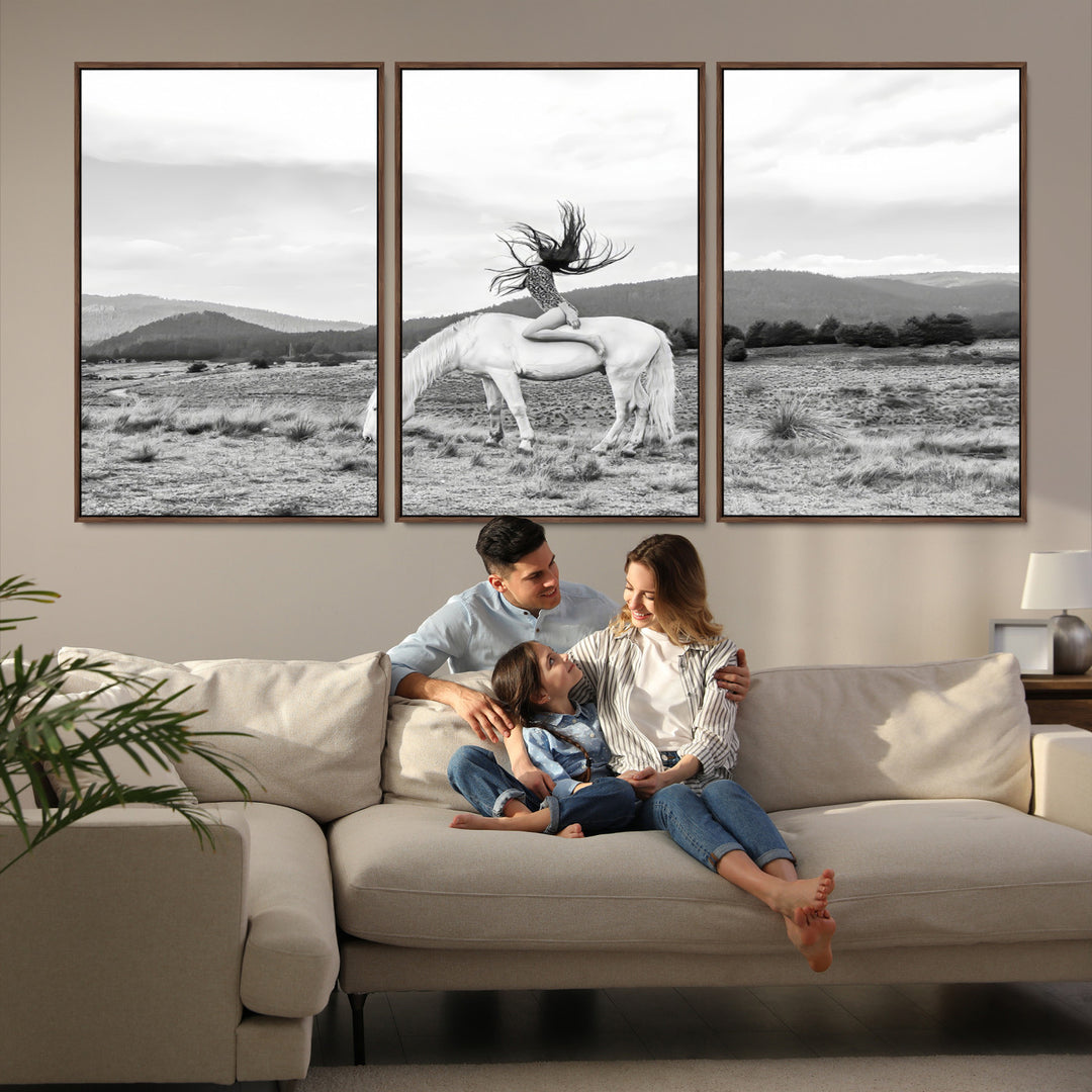 White Horse Wall Art Canvas Print, Woman Rider Print, Framed Equestrian Pose Art Print, Large Grazing Horse Printing Western Boho