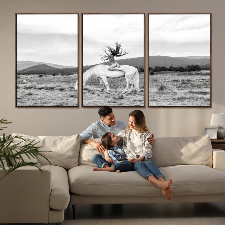 White Horse Wall Art Canvas Print, Woman Rider Print, Framed Equestrian Pose Art Print, Large Grazing Horse Printing Western Boho