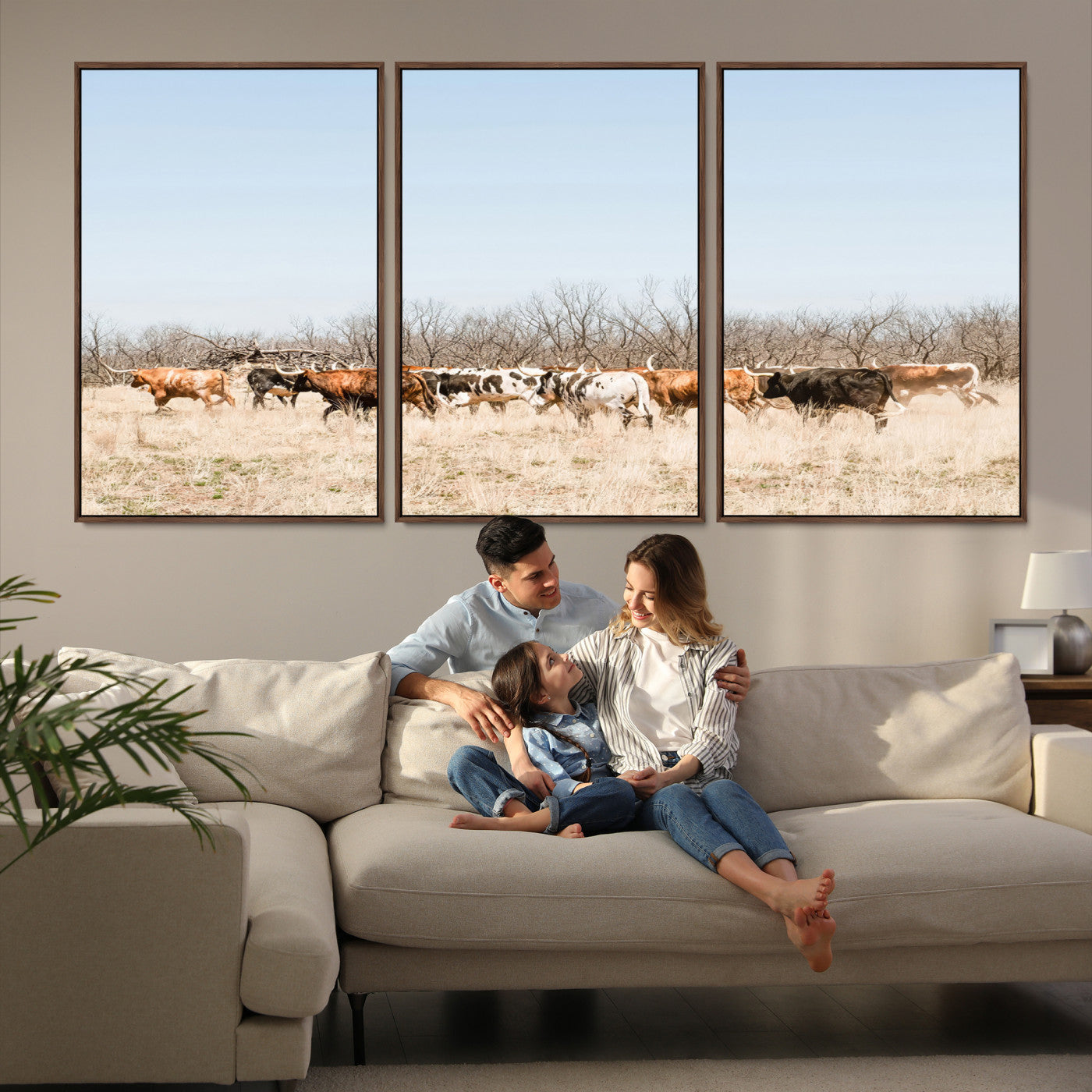 16563092-MGV-FC-60X30-3P_Walnut-Texas Longhorns Wall Art Canvas Print, Western Cattles Print Wall Art, Framed Rustic Herd Art Print, Large Country Cows Printing Rustic