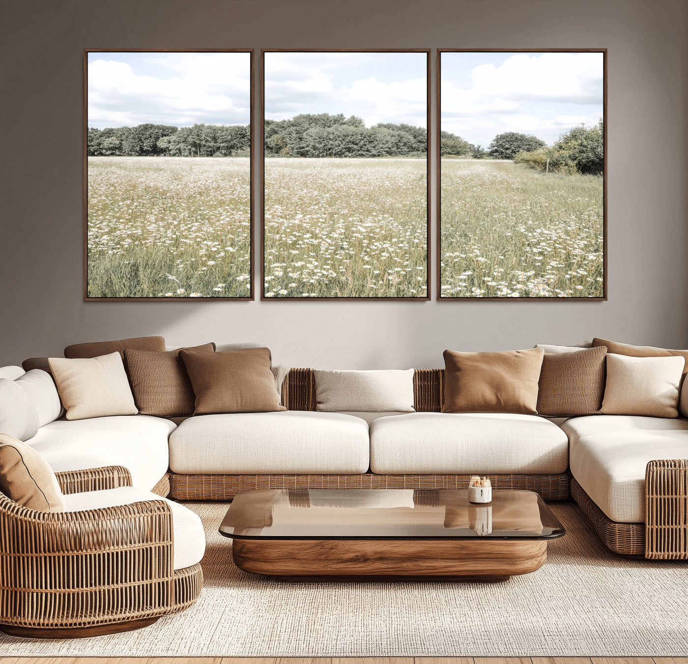 43258946-MGV-CV-36X24-Charming Daisy Field Wall Art Canvas Print – Framed Pastel Flower Meadow Bloom Scandinavian Minimal Artwork for Home Office