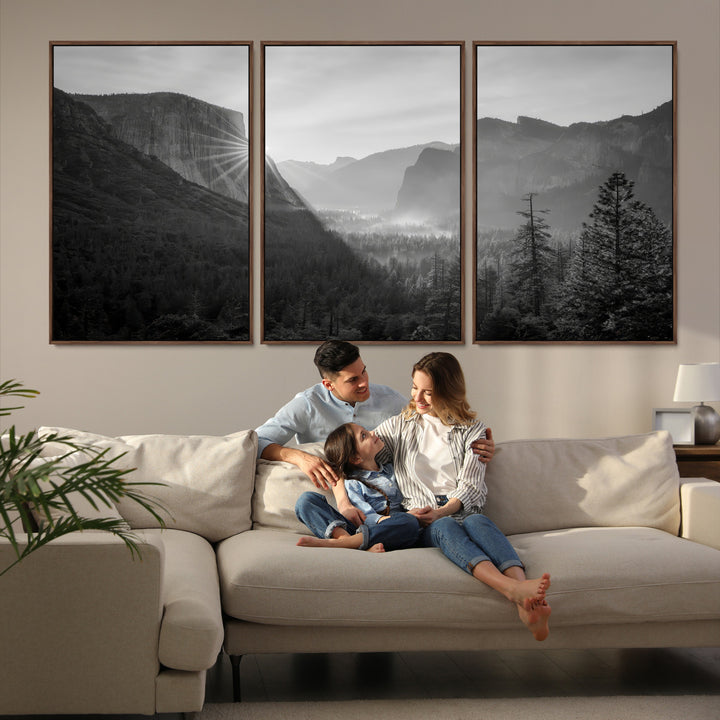 Yosemite Valley Wall Art Canvas Print, El Capitan Sunrise Print, Framed Misty Mountain Art Print, Large Monochrome Valley Printing