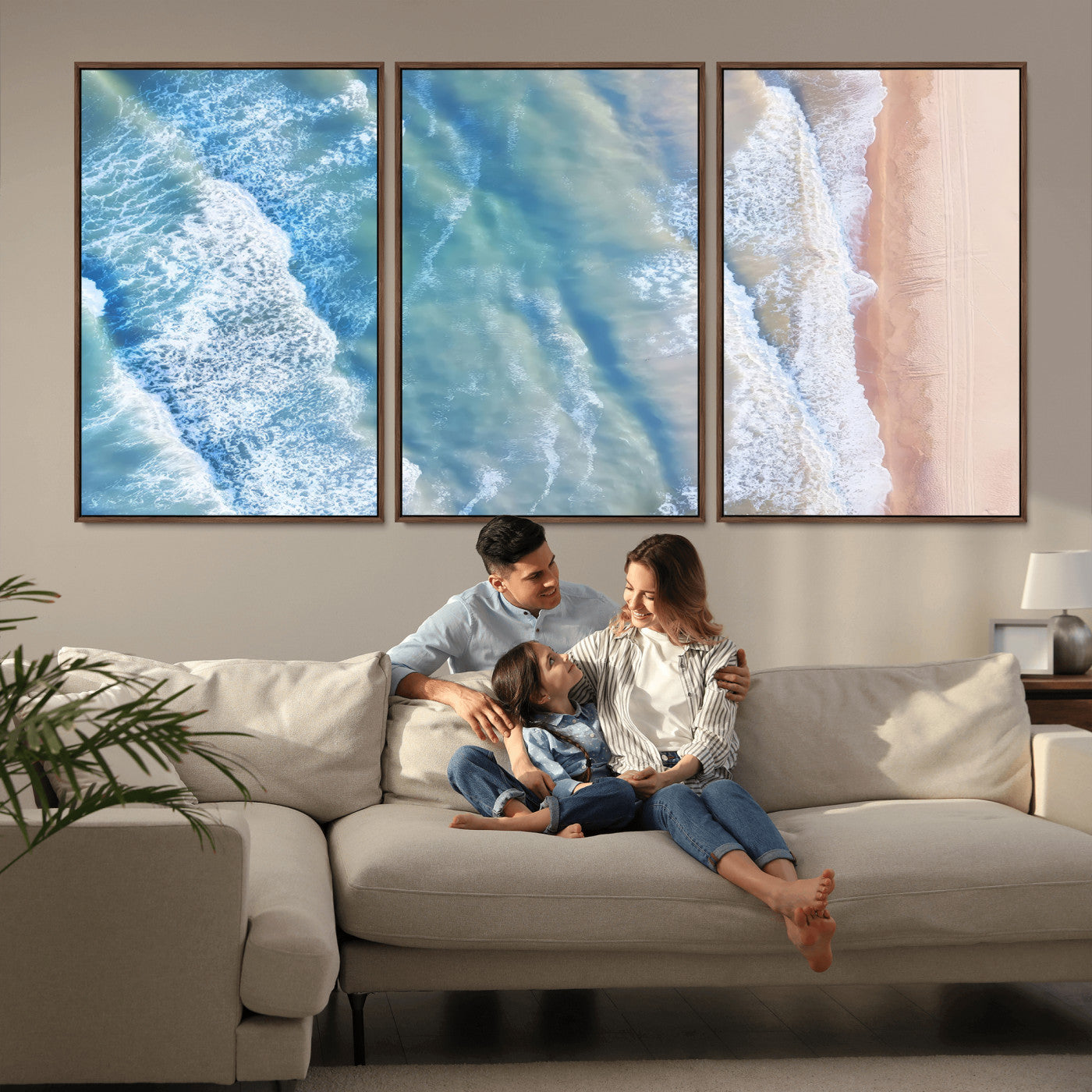 MGV-FC-60X30-3P - Aerial Ocean View Wall Art Canvas Print, Framed Soft Blue Waves Art Picture Print, Sandy Shoreline Perfect Modern Coastal Decor Artwork