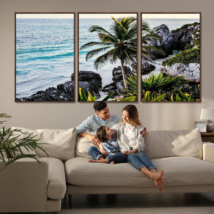 Framed canvas of a vibrant tropical coastline with palm trees, rocky cliffs, and turquoise waters, ideal for tropical coastal home decor.