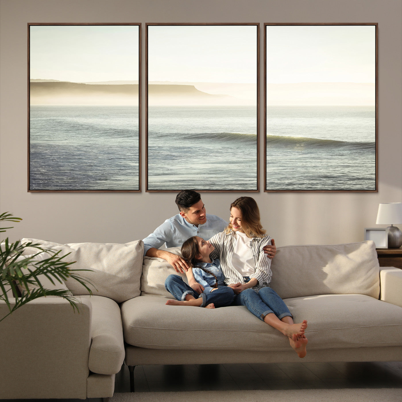 39310633-MGV-FC-60X30-3P-Coastal Cliffs Wall Art Canvas Print, Framed Misty Ocean Art Picture Print, Soft Morning Perfect Minimalistic Decor, Framed Misty Ocean,