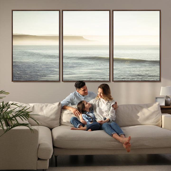 Canvas of a misty ocean scene with coastal cliffs and soft neutral tones, ideal for Scandinavian coastal or minimalist nature-inspired home decor.