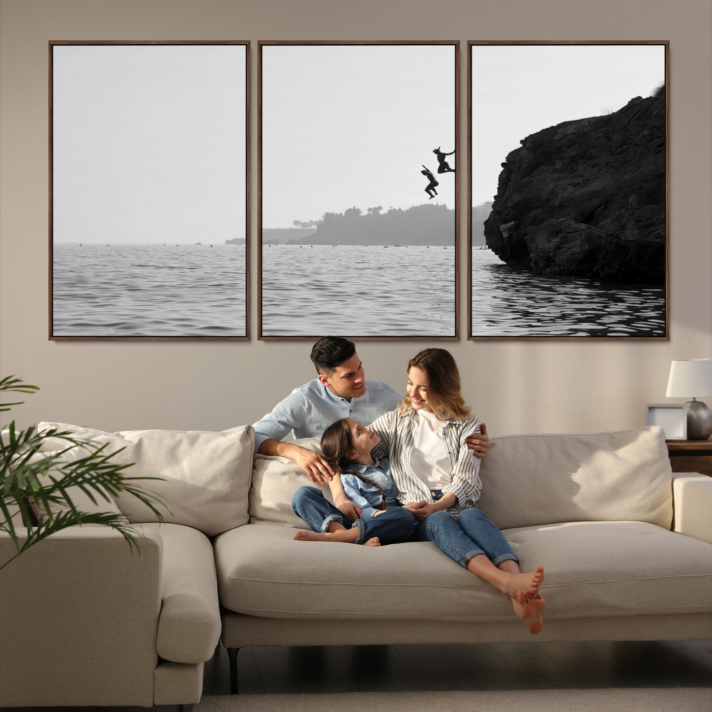 52284302-MGV-FC-60X30-3P-Jumping Wall Art Canvas Print, Framed Ocean Art Picture Print, Coastal Perfect Coastal Decor, Framed Cliff Diving Wall Art