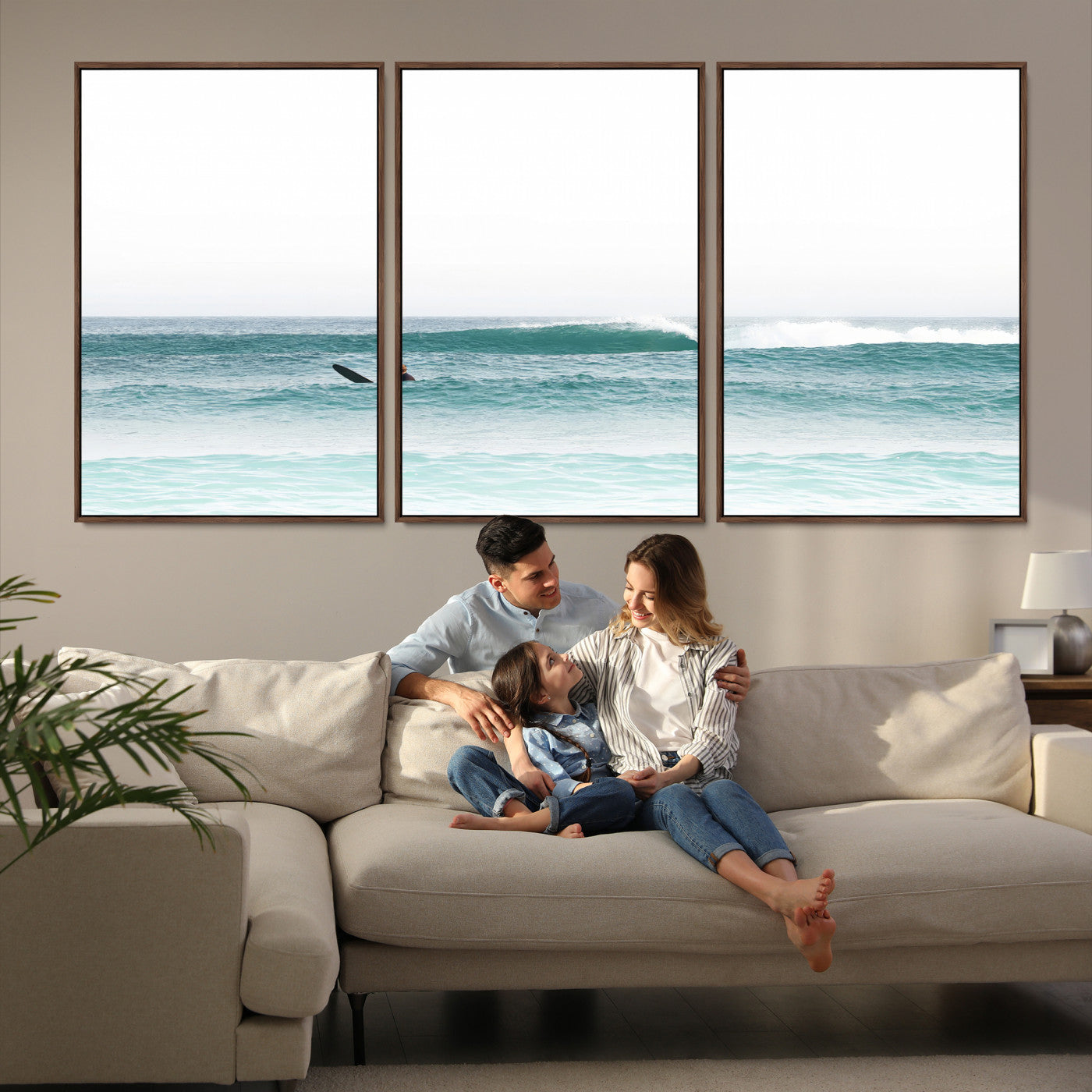 56345117-MGV-FC-60X30-3P-Surfing Wall Art Canvas Print, Framed Ocean Art Picture Print, Waves Perfect Minimalist Decor