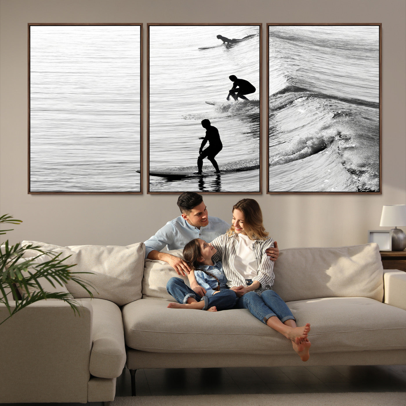 19875284-MGV-FC-60X30-3P-Surfers on Waves Wall Art Canvas Print, Framed Black White Surf Art Picture Print, Monochrome Ocean Perfect Modern Coastal Decor, Surfers on