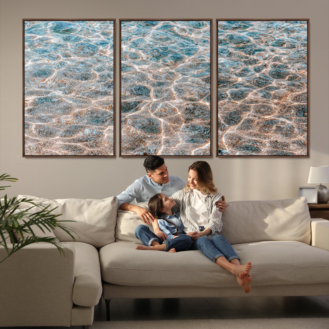 26580287-MGV-FC-60X30-3P-Clear Water Wall Art Canvas Print, Framed Sunlit Ripples Art Picture Print, Ocean Texture Perfect Modern Coastal Decor