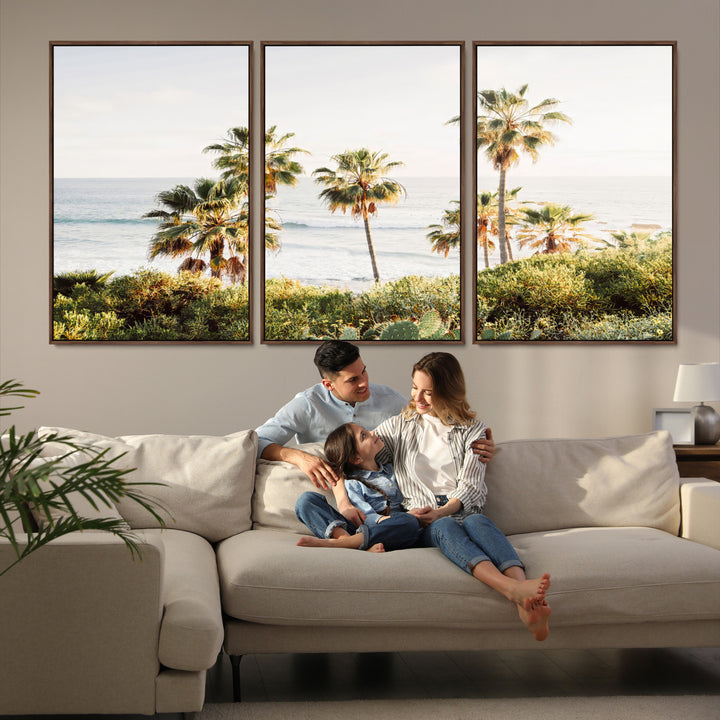 Framed print of sunlit palm trees on the California coast with warm tones, perfect for coastal minimalist or beach-style home decor.