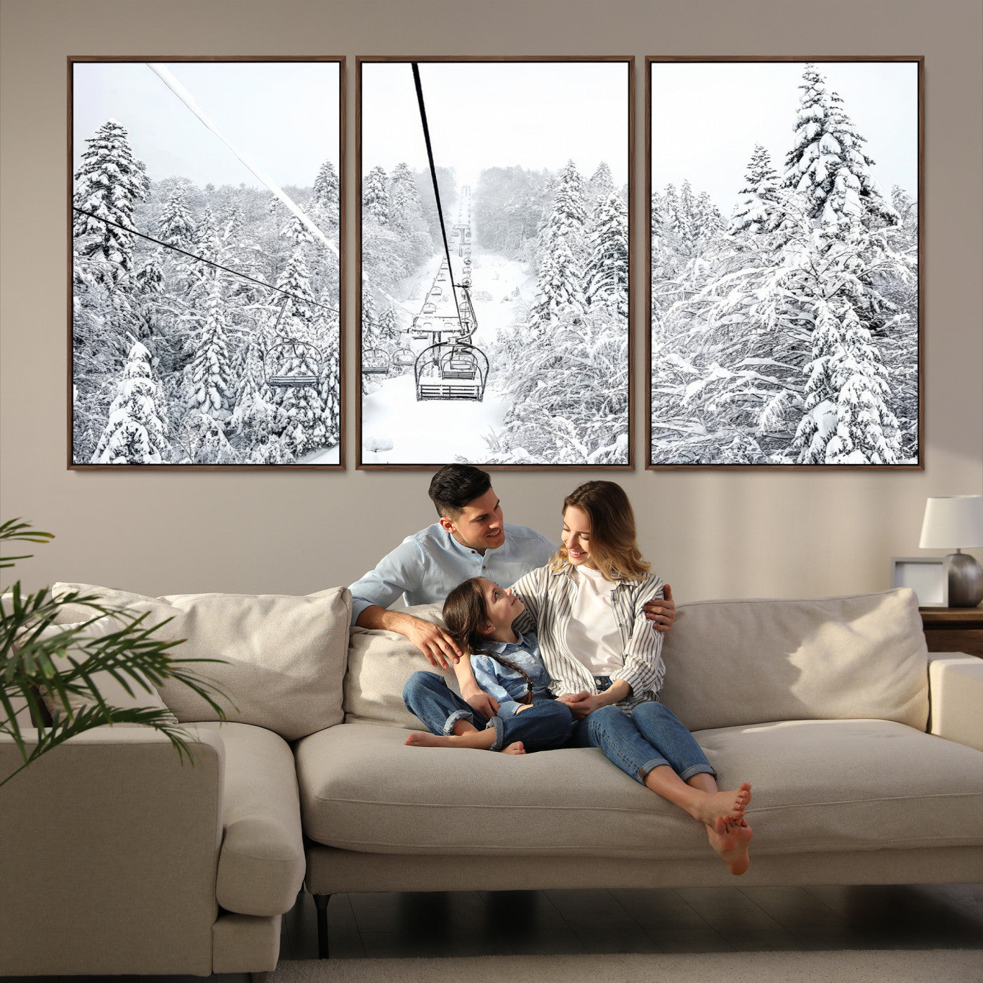 44705668-MGV-FC-60X30-3P-Winter Forest Wall Art Canvas Print, Framed Snowy Forest Art Picture Print, Winter Ski Lift Perfect Scandinavian Minimalist 3/3 Decor