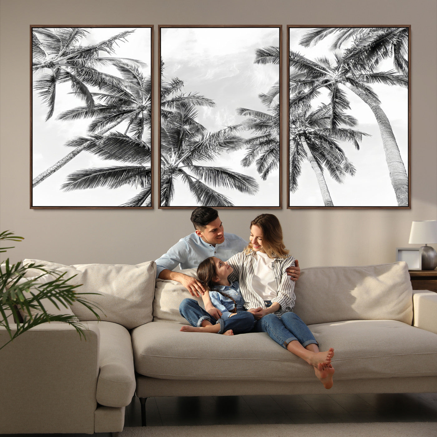 62113786-MGV-FC-60X30-3P_Walnut-Black White Palm Wall Art Canvas Print, Framed Monochrome Tropics Art Picture Print, Coastal Minimalist Decor