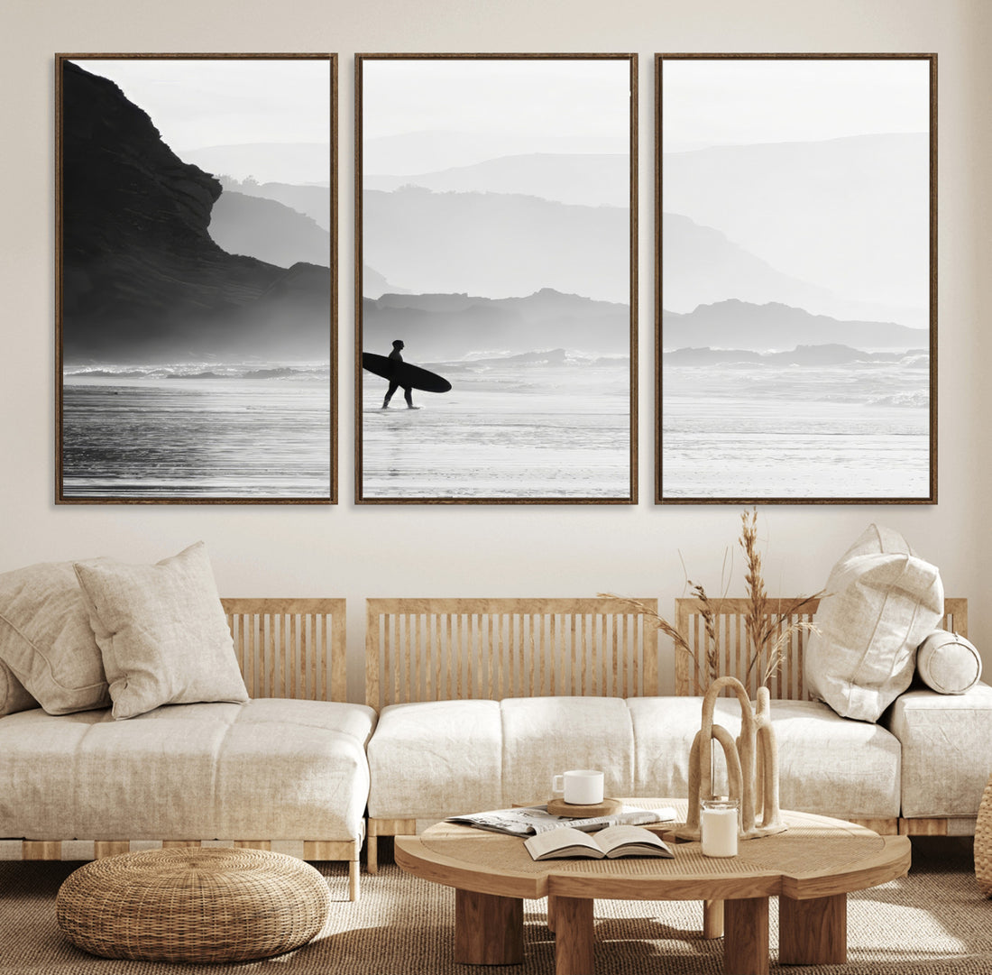 Surfer Beach Wall Art | Framed Black White Ocean Canvas
