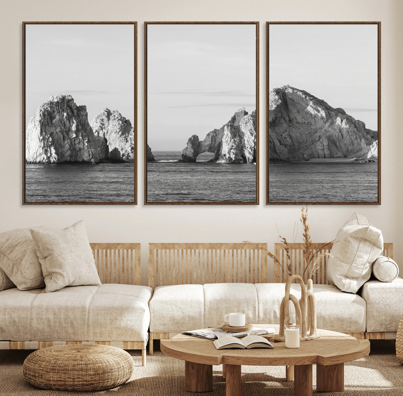 MGV-FC-60X30-3P - Rugged Coastline Wall Art Canvas Print, Framed Ocean Cliffs Art Picture Print, Monochrome Seascape Perfect Coastal Minimalist Decor Artwork
