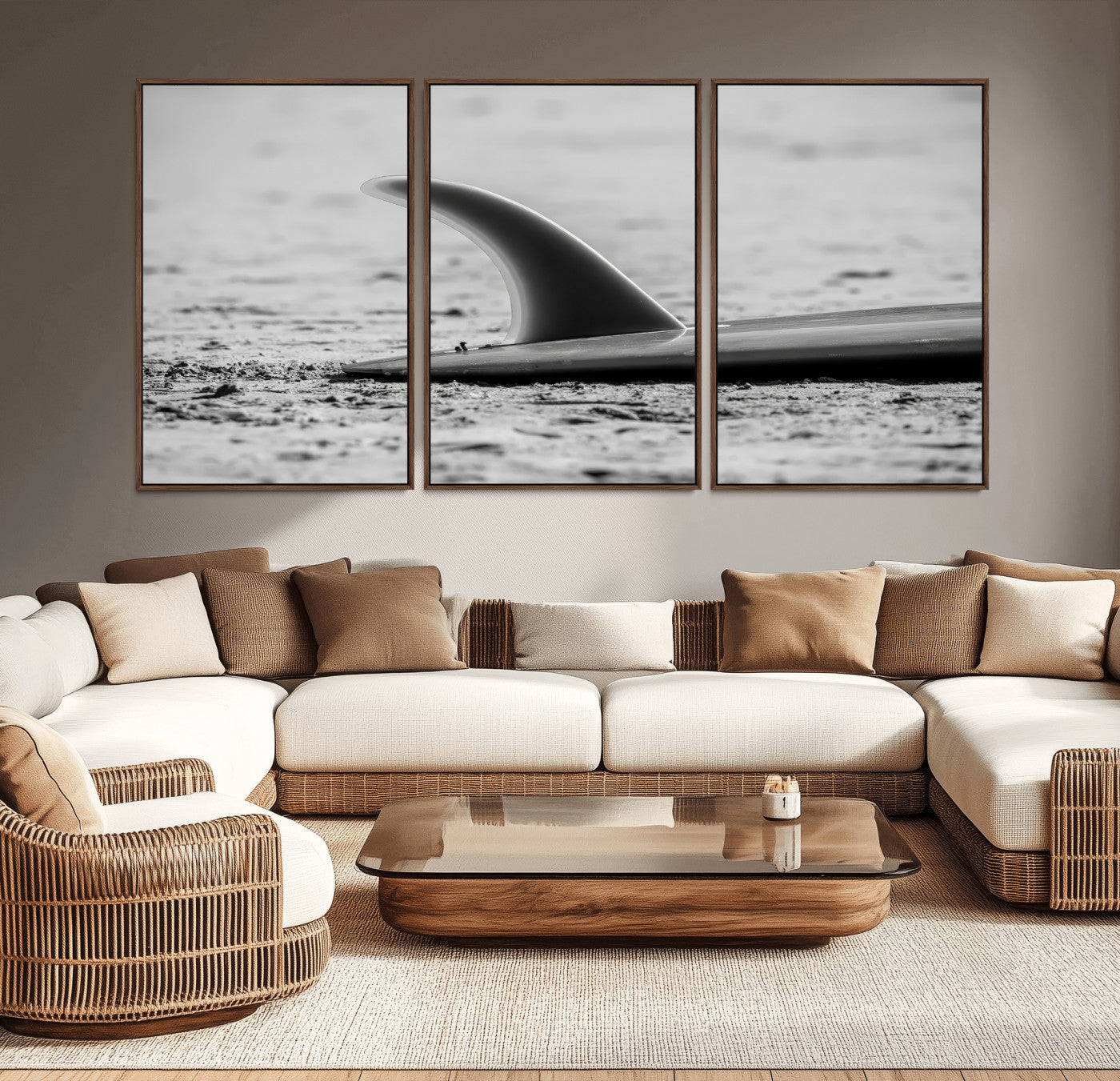 MGV-FC-60X30-3P - Black White Surfboard Wall Art Canvas Print, Framed Minimalist Beach Art Picture Print, Surf Fin Perfect Minimalist Coastal Decor Artwork
