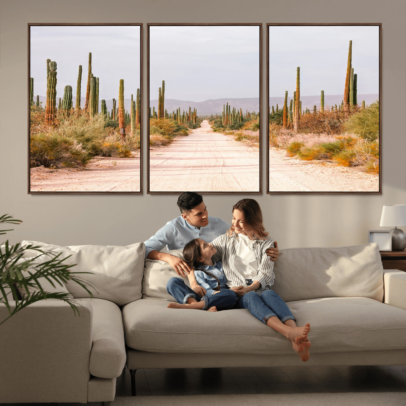 MGV-FC-60X30-3P - Desert Cactus Lined Road Wall Art Canvas Print, Framed Southwestern Landscape Art Picture Print, Bohemian Western Aesthetic Perfect Southwestern Boho Decor Artwork