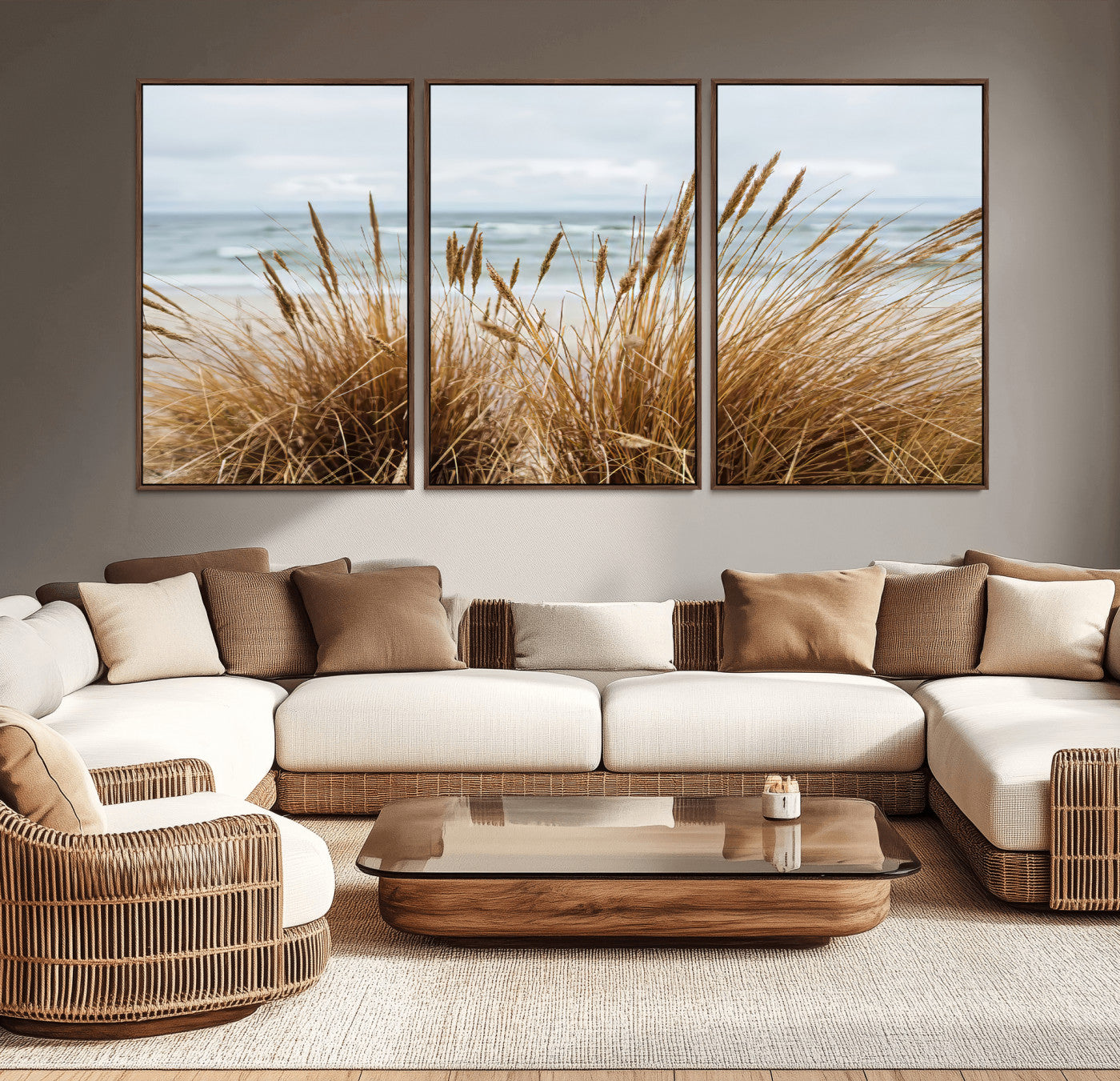 MGV-FC-60X30-3P - Beach Grass Wall Art Canvas Print, Framed Coastal Dunes Art Picture Print, Dune Grass Perfect Coastal Minimalist Decor Artwork