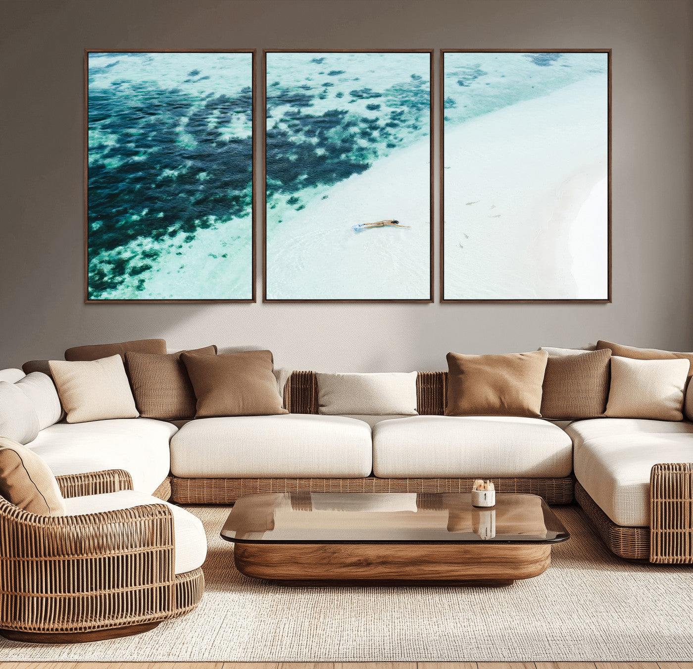 MGV-FC-60X30-3P - Minimal Beach Wall Art Canvas Print, Framed Ocean Swimming Art Picture Print, Clear Ocean Perfect Minimal Coastal Decor Artwork