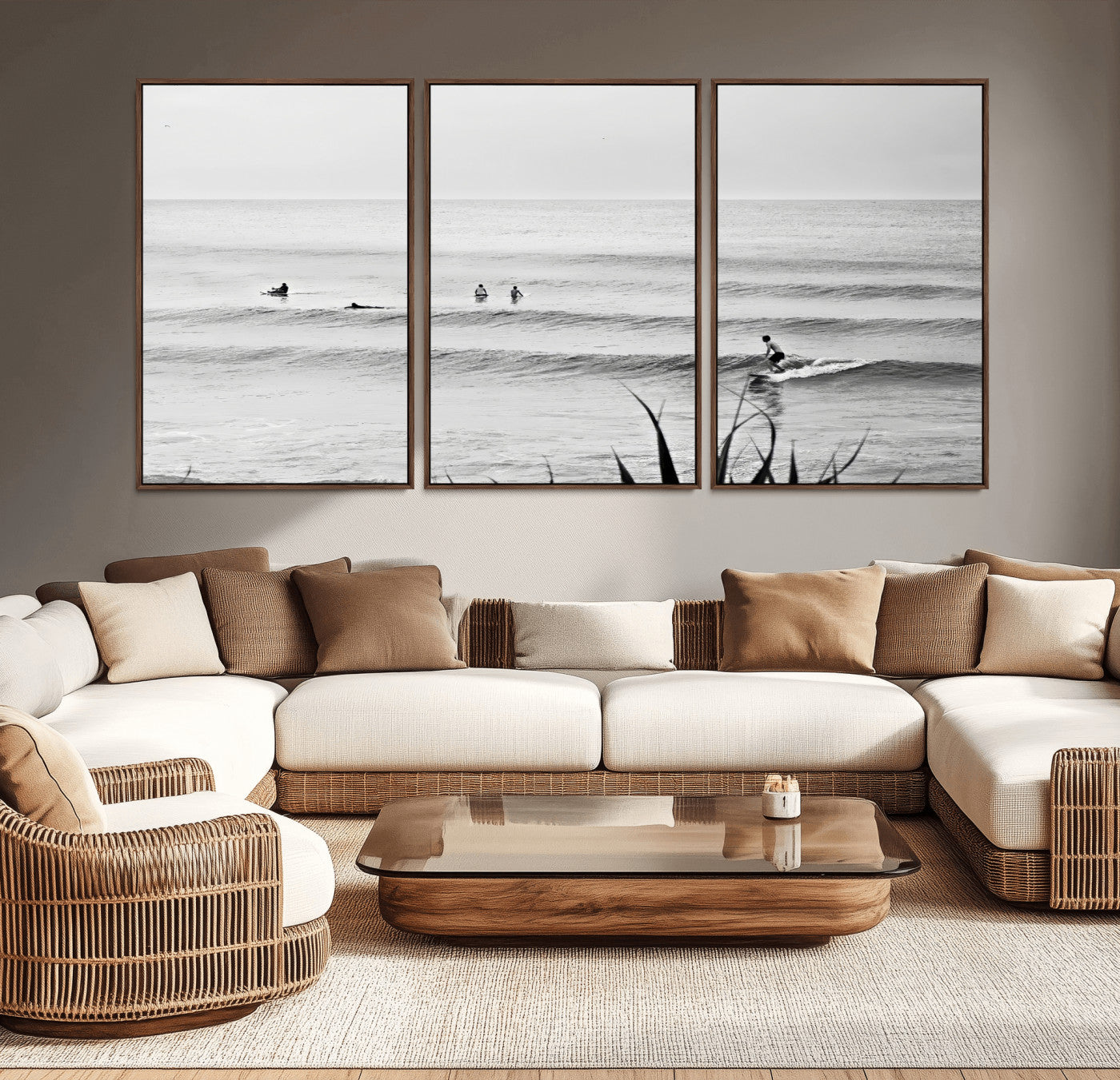 MGV-FC-60X30-3P - Surfer Silhouette Wall Art Canvas Print, Framed Calm Ocean Art Picture Print, Monochrome Surf Perfect Minimalist Coastal Decor Artwork