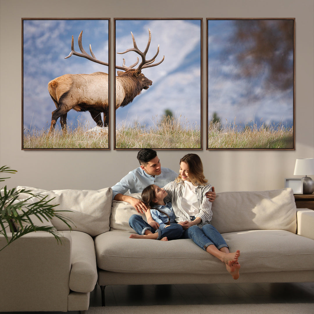 Rustic Elk Wall Art Canvas Print, Wildlife Antler Print, Framed Western Hunting Lodge Art Print