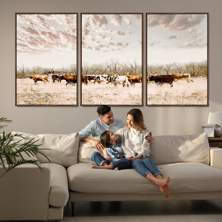 Longhorn Cattle Wall Art Canvas Print, Texas Ranch Print, Framed Western Cow Art Print, Large Prairie Landscape Printing Perfect for Western Decor