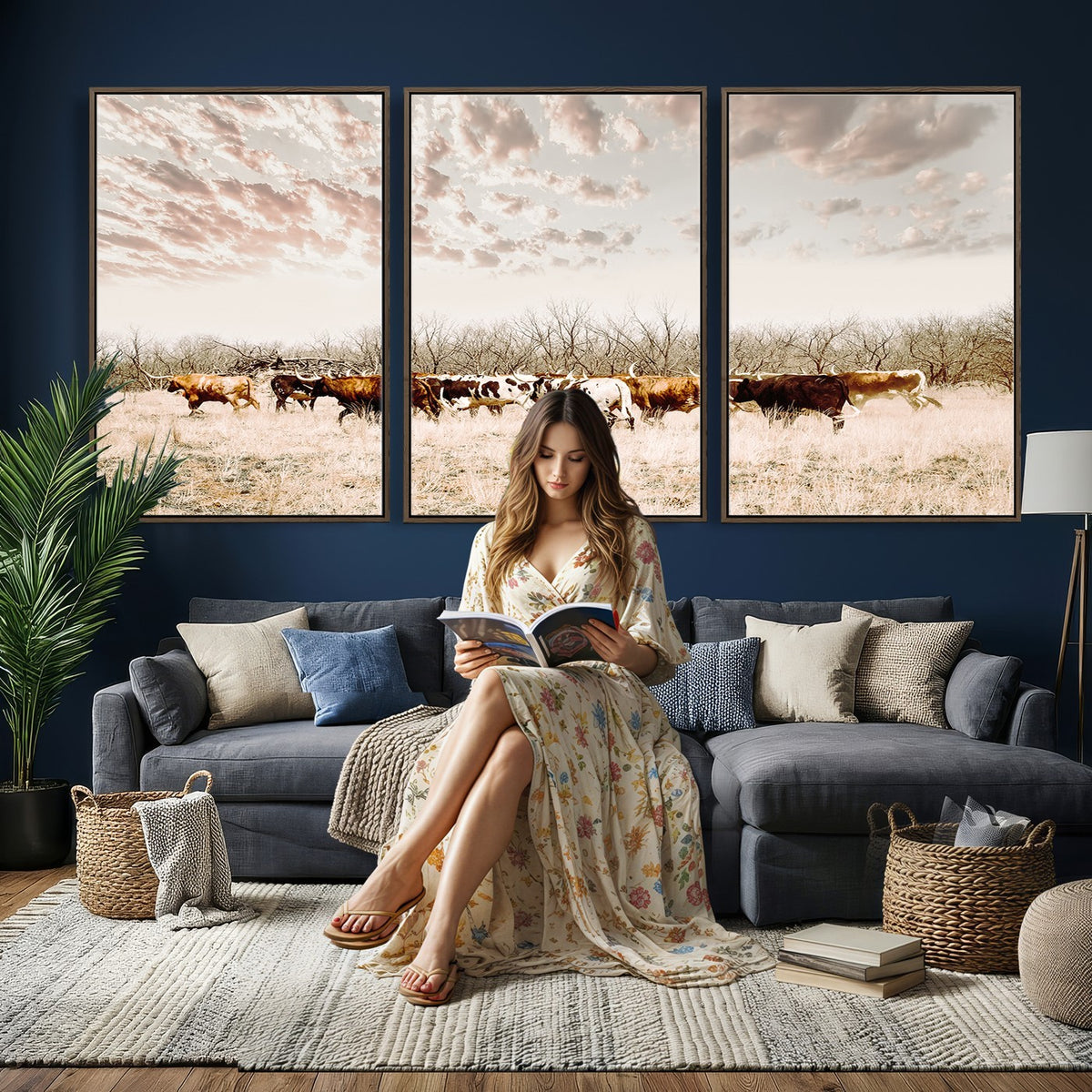 64892775-MGV-CV-24X16 - Longhorn Cattle Wall Art Canvas Print, Framed Texas Ranch Art, Western Cow Print, Prairie Landscape Decor