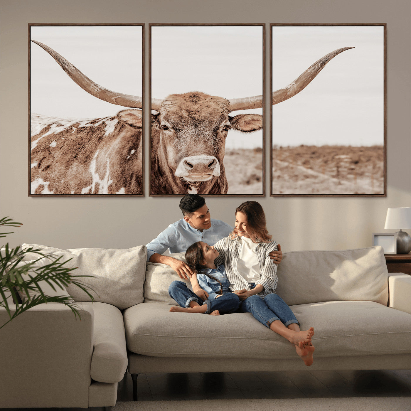 MGV-FC-60X30-3P - Longhorn Cow Wall Art Canvas Print, Framed Texas Ranch Art Picture Print, Western Bull Perfect County Decor Artwork