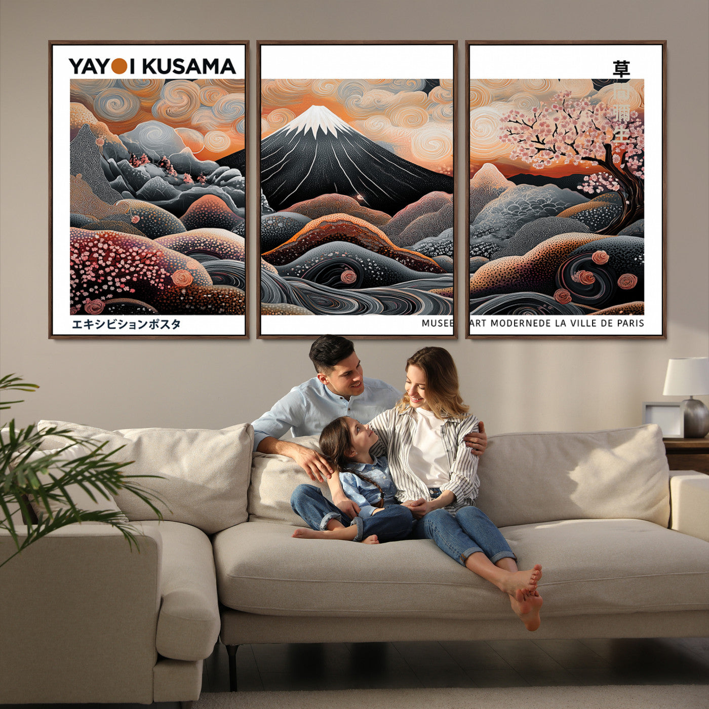 63125329-MGV-FC-60X30-3P-Yayoi Kusama Wall Art Canvas Print, Framed Contemporary Dot Art Picture Print, Japanese Style Perfect Japanese Decor