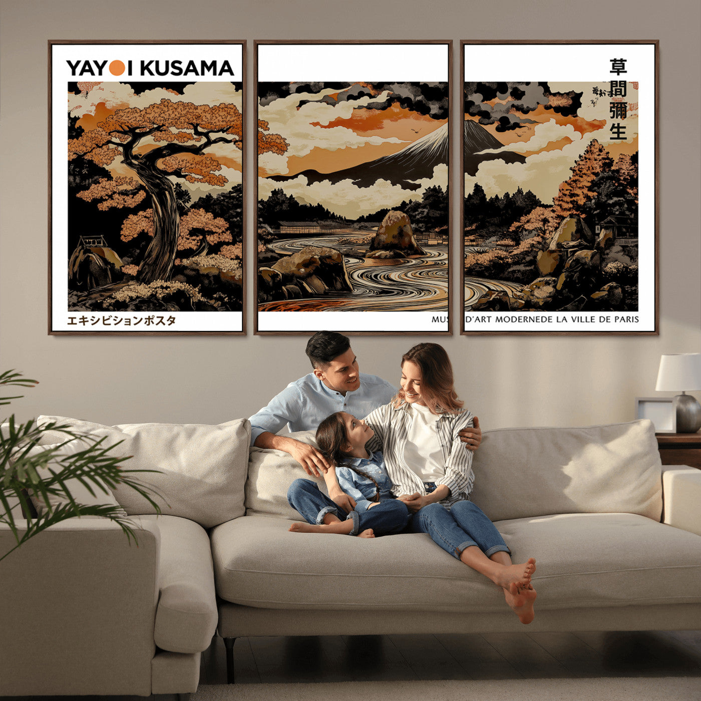 MGV-FC-60X30-3P - Modern Japanese Wall Art Print Yayoi Kusama Canvas Wall Art Abstract Mount Fuji Canvas Print