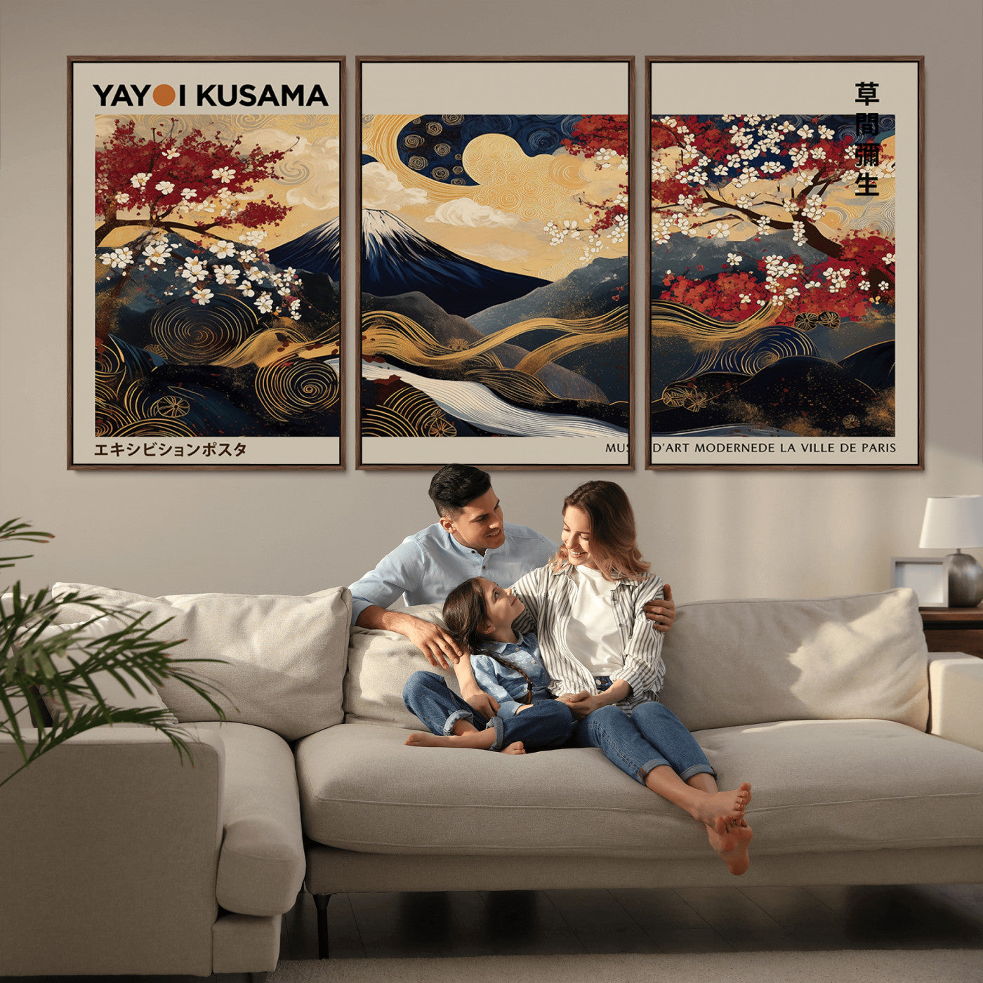 MGV-FC-60X30-3P - Modern Japanese Wall Art, Yayoi Kusama Japanese Print Wall Art, Abstract Mount Fuji Canvas Print,