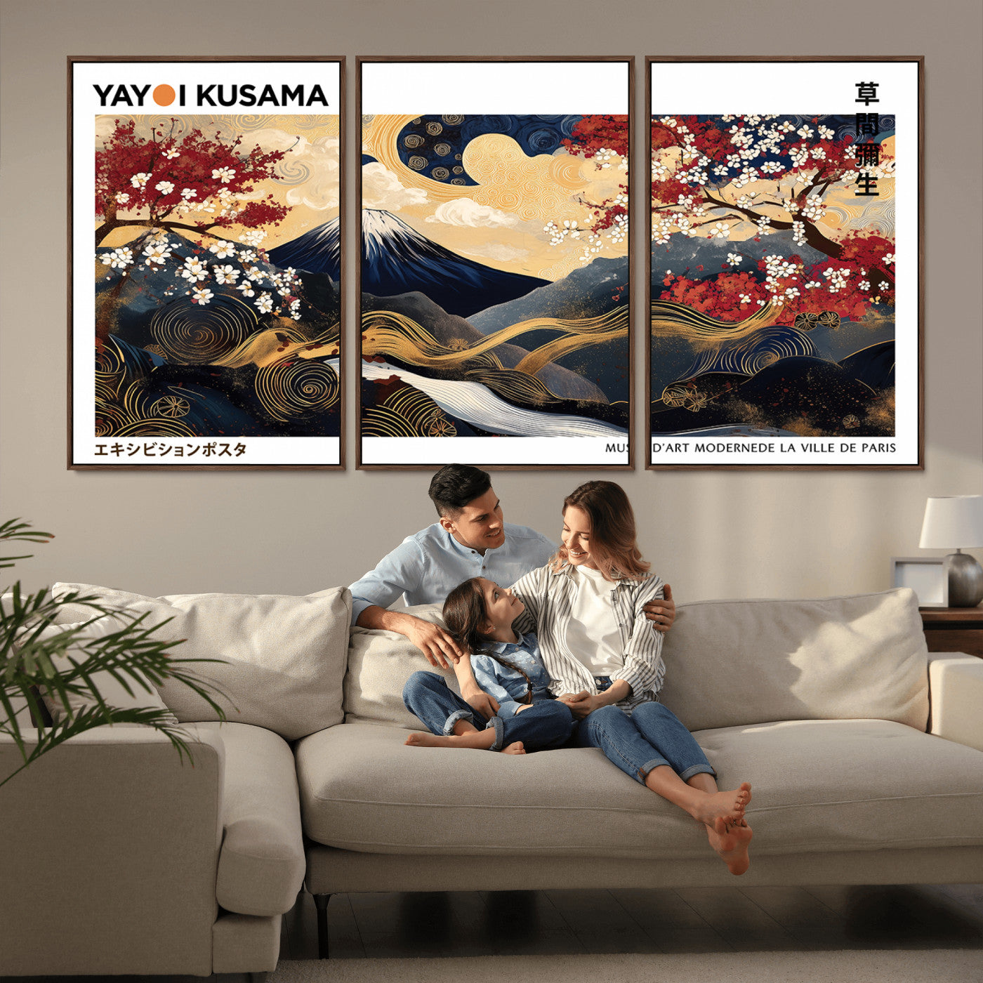 MGV-FC-60X30-3P - Modern Mount Fuji Print, Yayoi Kusama Canvas Wall Art, Abstract Mount Fuji Canvas Print, Japanese