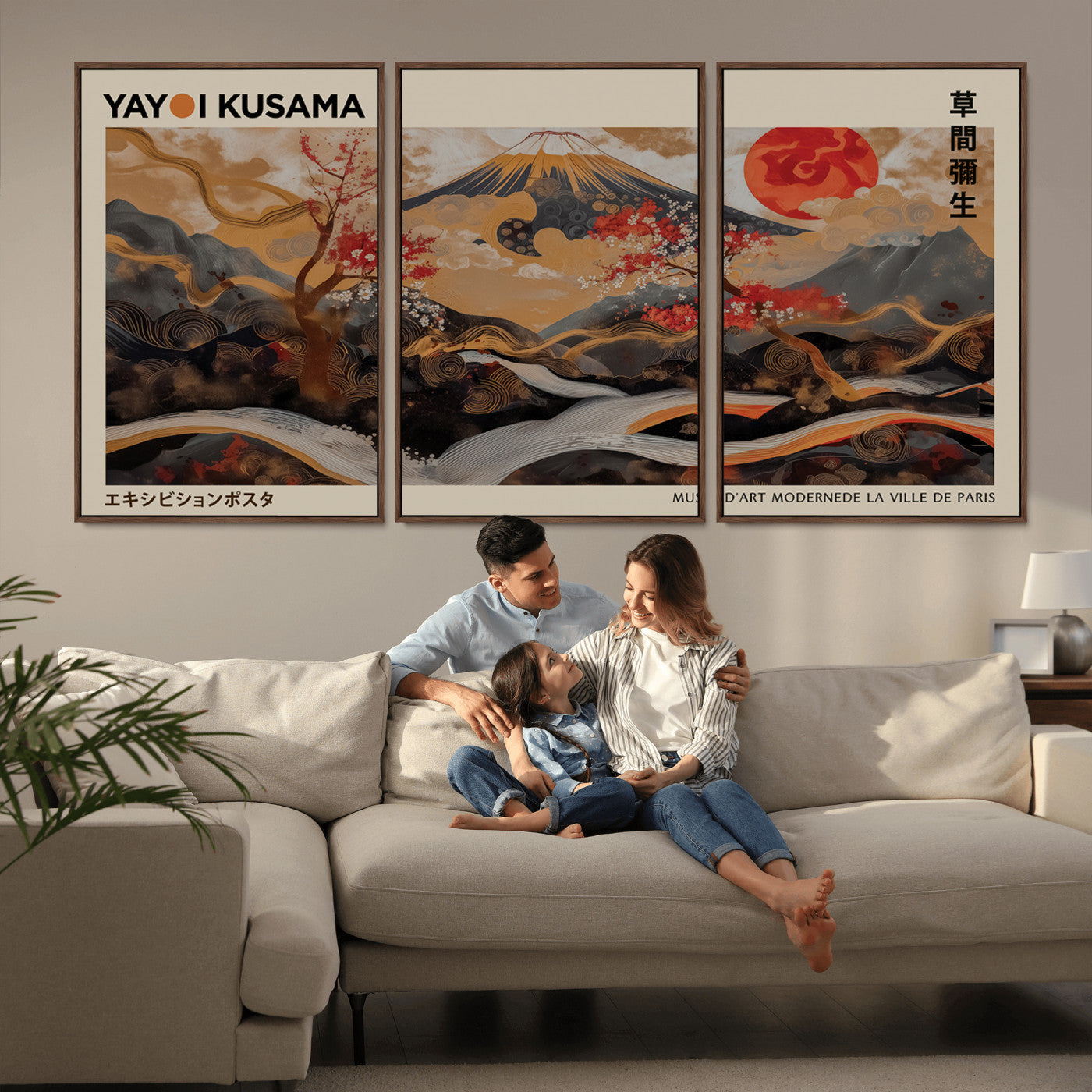 MGV-FC-60X30-3P - Modern Japanese Wall Art Print Yayoi Kusama Canvas Wall Art Abstract Mount Fuji Canvas Print