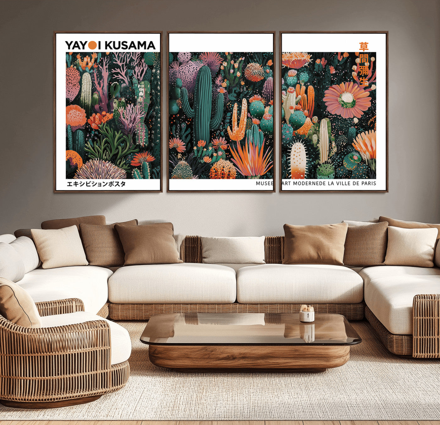 13391380-MGV-CV-36X24-Modern Japanese Wall Art Canvas Print – Framed Abstract Mount Fuji Scene with Yayoi Kusama Artwork for Home, Office